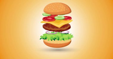 Sığır etli, peynirli, pastırmalı, domatesli, soğanlı ve marullu klasik hamburger. Siyah beyaz maskeli vektör animasyon görüntüleri. Çizburger yavaş çekimde tepeden tırnağa gider. 