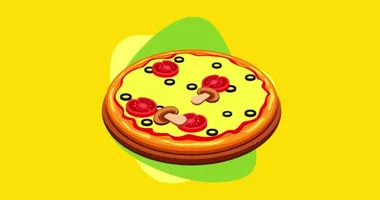 Soslu, peynirli, sosisli, domatesli, mantarlı, zeytinli, biberli, otlu klasik yuvarlak pizza. Siyah beyaz maskeli vektör animasyon görüntüleri. Pizza yavaş çekimde tepeden tırnağa hareket eder.