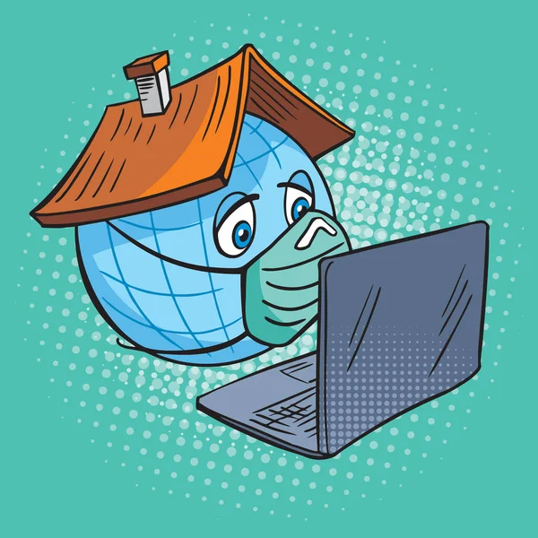 Un drôle de globe de dessin animé assis dans un masque avec un ordinateur portable. Reste à la maison. Quarantaine, isolement pendant la pandémie du coronavirus Covid 19. Dessin de style BD . — Image vectorielle