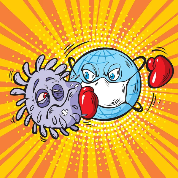 Världen Besegrade Coronaviruset Tecknad Rolig Glob Skickar Viruset Covid Utslagen — Stock vektor