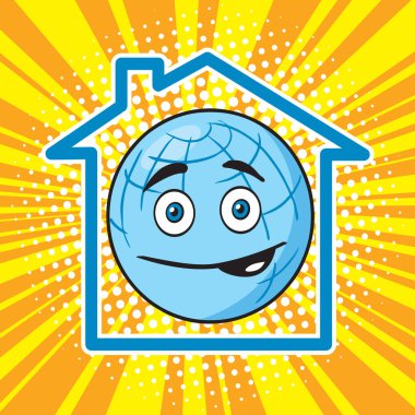 Bir evde küre. Evde kal. Tecrit, karantina, ev hapsi, depresyon. Çizgi roman tarzı illüstrasyonu.