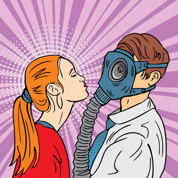 Girl Kisses Guy Gas Mask Ecology Viral Pandemic Colorful Background Royalty Free Stock Vectors