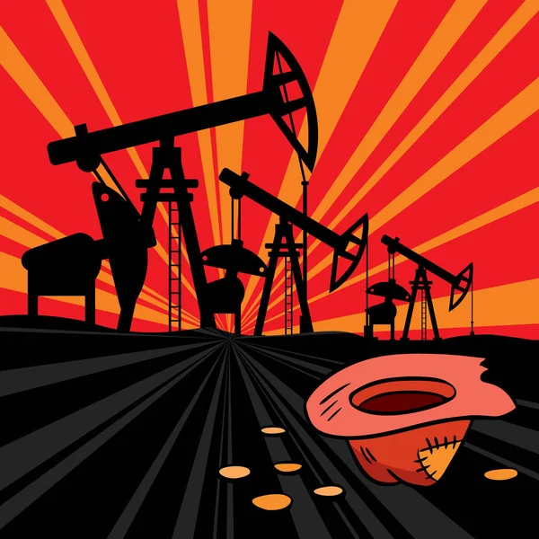 석유 생산. 석유 굴착, 판매, 유가 하락, 가스 가격 하락. 코로나 바이러스의 유행으로 인한 주식 시장 위기. 생태학, 토양 자원. — 스톡 벡터