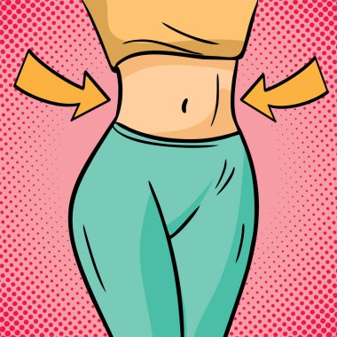 Close-up torso of women with arrow showing muscles. Fitness exercises. Fitness exercise for torso, butt, waist, press. Concept of a healthy lifestyle.