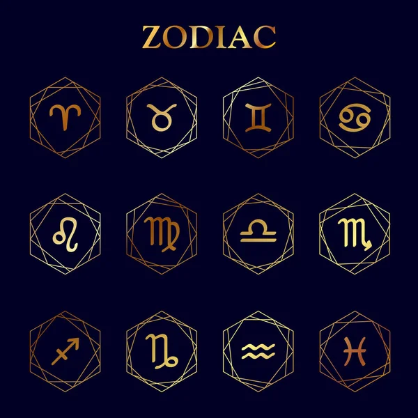 Icone zodiacali. Set di segni zodiacali. Segni astrologici dorati con motivo geometrico. Isolato su sfondo blu. — Vettoriale Stock