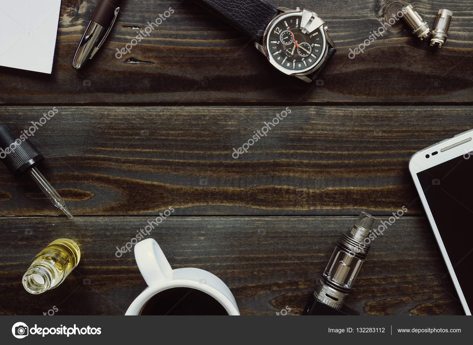 Vaping Set Watch Coffee And Smartphone With Copy Space On The Vaping Set Watch Smartphone And Coffee On The Dark Table Hipster Or Bussinesman Style Trendy Objects With Copy Space Wooden Background Photo By