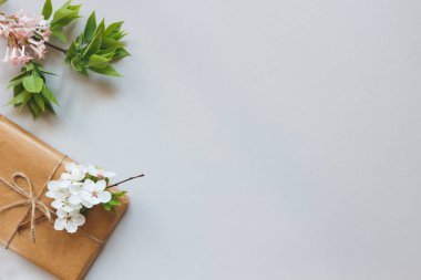 Şirin hediye kutusu Kraft kağıt ve çiçekler ile top görünümüyle kopya alanı