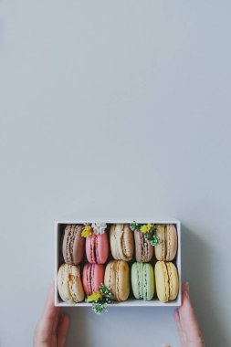 Hediye kutusu açık mavi renkli, üstten görünüm üzerinde lezzetli macaroons ile holding eller