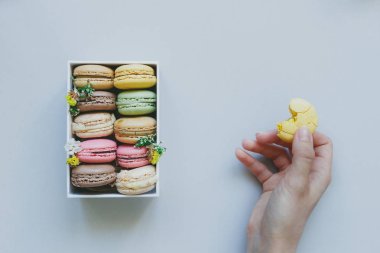 Acıbadem kurabiyesi ve hediye kutusu açık mavi renkli, üstten görünüm üzerinde lezzetli macaroons ile holding eller