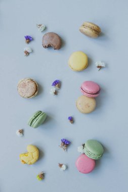 Tatlı arka plan. Açık mavi renkli, üstten görünüm üzerinde lezzetli renkli macaroons