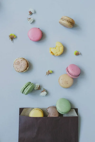 Sweet background. Delicious colorful macaroons on the light blue background, top view