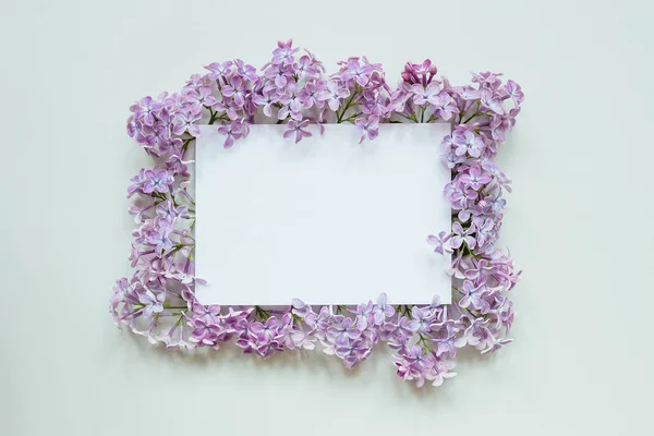 Fondo de flores con hoja de papel. Hermosas flores frescas y hojas sobre fondo gris, con espacio para copiar — Foto de Stock