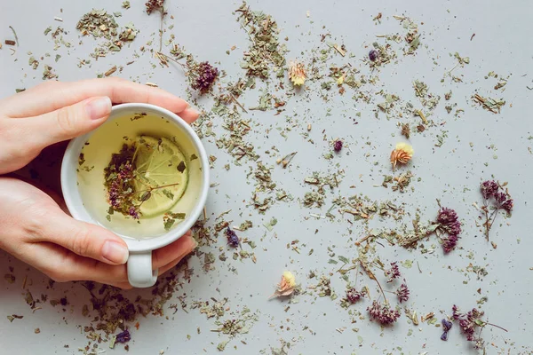 Çay arka plan. Fincan çay holding eller. Gri arka planı, üstten görünüm kuru bitki çayı. Kopya alanı