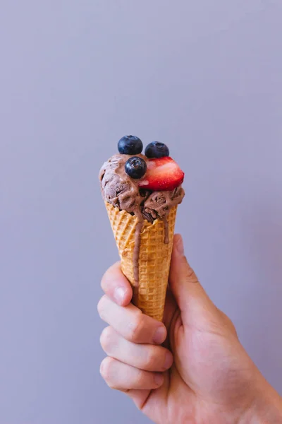 Hands holding chocolate ice-cream with blueberry and strawberry — Stock Photo, Image