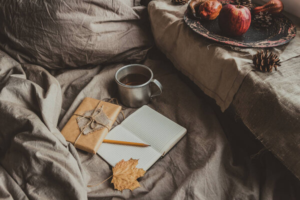 Cozy home in autumn. Notepad with gift and cup of hot tea on soft bed Stock Photo