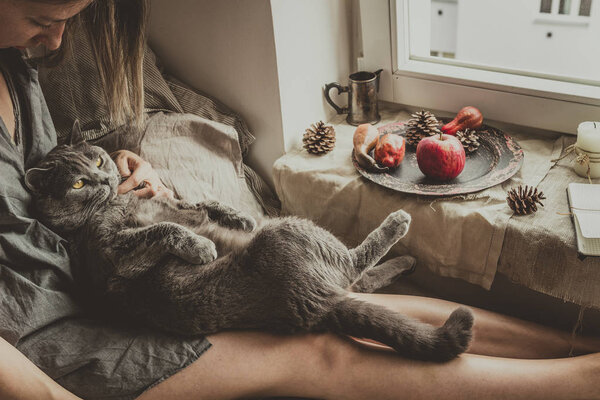 Cozy home. Woman with cute cat sitting in bed by the window Royalty Free Stock Photos