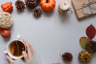 Sonbahar arka plan. Çay, gri arka plan üzerinde sonbahar dekorasyon holding eller