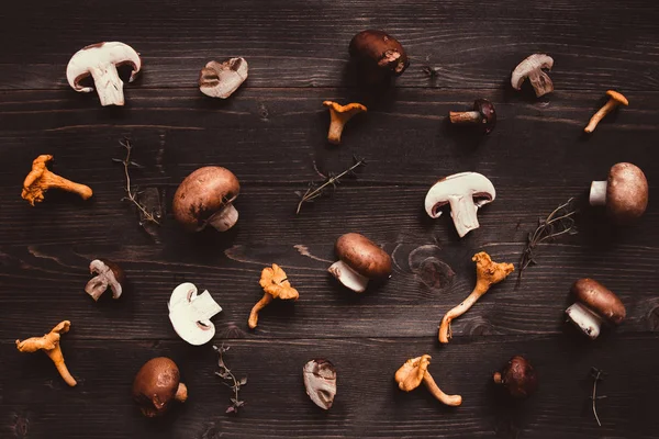 Ahşap arka plan üzerinde taze karışık orman mantar