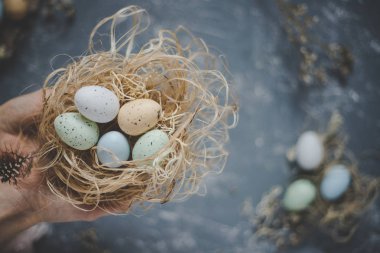 Mutlu paskalyalar. Paskalya yumurta Paskalya dekorasyonu, üstten görünüm ile yuvadaki holding eller