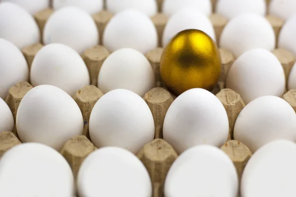 Chicken egg with a gold pattern surrounded by white eggs, background, texture.