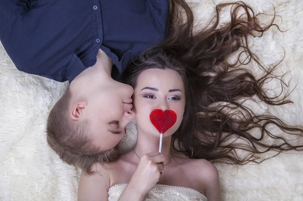 Love Story Young Girl Cover Lips Candy Form Heart Her — Stock Photo, Image