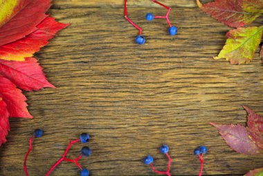 Antika ahşap arka plan, sınır tasarlamak güzel yapraklarda. Vintage renk tonu - sonbahar kavramı sonbahar sezonu arka planda kalıyor.