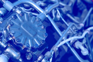 Detaylar ve mekanizmalar mavi arkaplanda ayarlandı