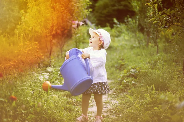 散水缶からの美しい白い子供の散水花 太陽を見て トーン — ストック写真