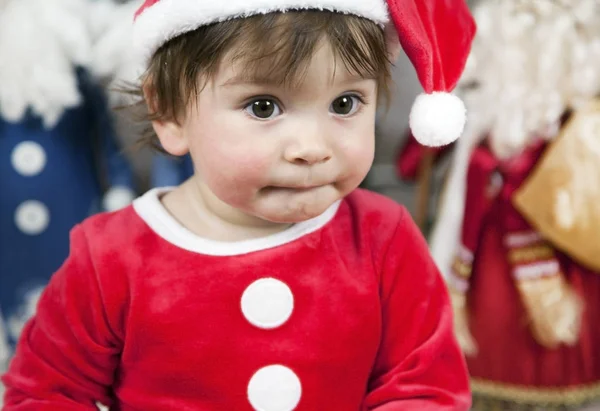 Рождественская Открытка Красивая Елка Украшенная Игрушками Новый Год Ребенок Костюме — стоковое фото