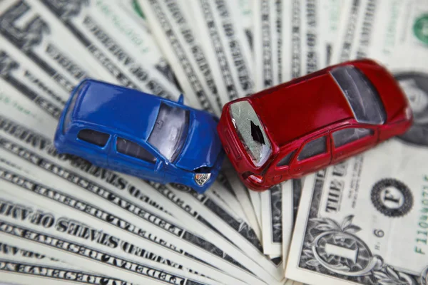 Concept Car Insurance Imitation Collision American Banknotes Car Accident — Stock Photo, Image