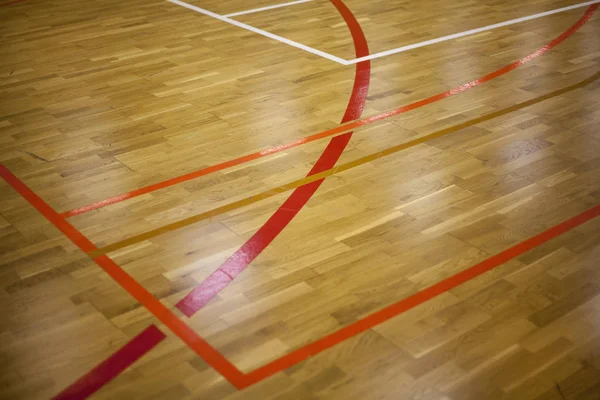 Playground layout, Wooden floor of sports hall with marking line — Stock Photo, Image