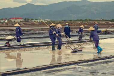 İnsanlar Nha Trang 'ın 40 kilometre kuzeyinde tuz topluyor.
