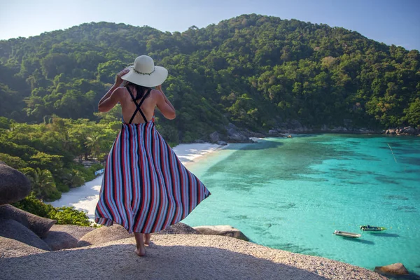 Концепція тропічної відпустки. Дівчина в сукні на тлі — стокове фото