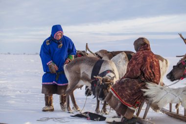 Nadym, Russia - February 23, 2020: Far North, Yamal Peninsula, Reindeer Herder's Day, local residents in national clothes of Nenets clipart
