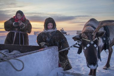 En kuzeyde Yamal, Nenets halkının geçmişi, kuzeydeki insanların evleri, tundrada yurt yakınlarında bir aile fotoğrafı.