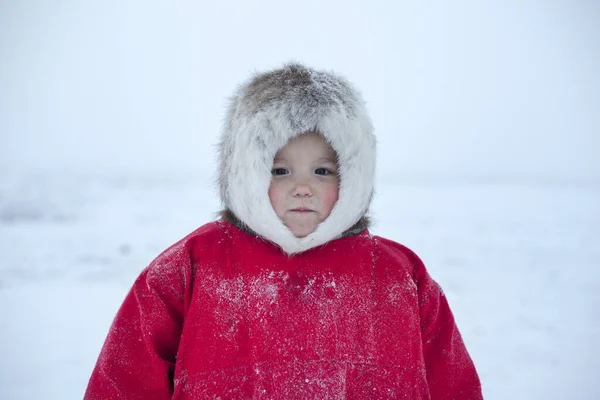 Bambina Abiti Rossi Nazionali Alla Tundra — Foto Stock