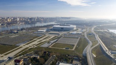 Rostov-on-Don, Rusya, 20 Mart 2020: Rostov-on-Don, Futbol stadyumu Rostov Arena 'nın havadan görünüşü, inşaatın tamamlanması, akşam manzarası.