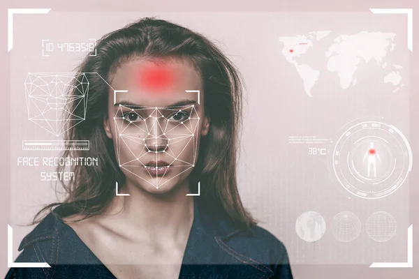 Face recognition system, Detection of people who violate quarantine during an epidemic. Concept for new face recognition technology, IT technology human security, beautiful woman face scan.