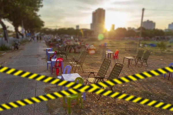 Karanténa Zákaz Navštěvování Městských Akcí Kaváren Restaurací Oblast Blokována Žlutočernou — Stock fotografie