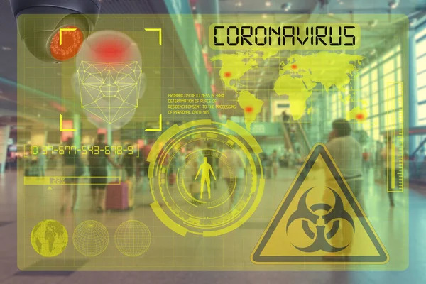 Face recognition system, who violate quarantine during an epidemic. Concept for new face recognition technology. Camera with thermal imager system to search for patients with coronavirus.