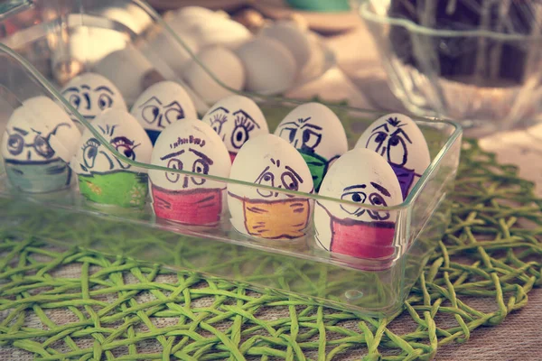 Easter Eggs Theme Coronavirus Painted Funny Masked Faces Easter Eggs — Stock Photo, Image