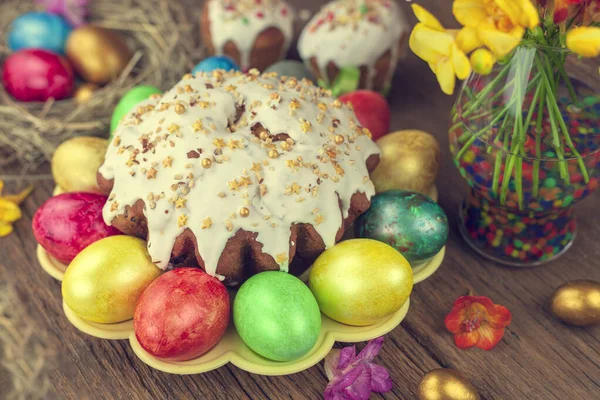 Easter Cake Easter Background Easter Eggs Toned — Stock Photo, Image