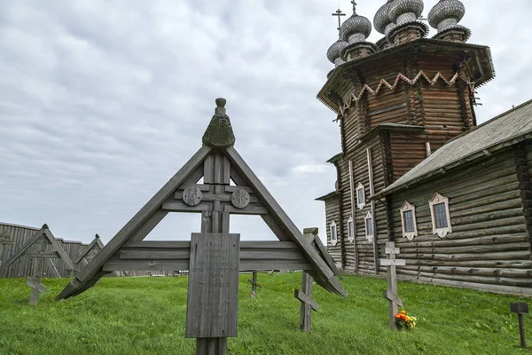 Kizhi island, Onega lake, Karelia, Russia.  In the foreground Orthodox Church of the Intercession of the Virgin in Kizhi Pogost.