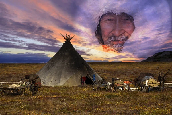 Tundra, Yamal Peninsula, far north, reindeer pasture, dwelling of northern peoples, shaman guards the house, double exposure against a colorful sunset with orange-violet paints