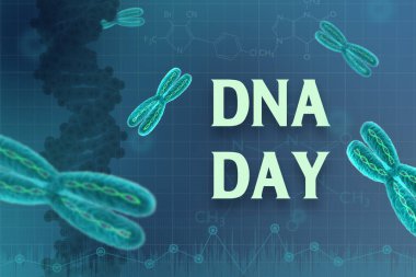  25 Nisan, uluslararası DNA günü. Soyut yeşil karatahta arka planında insan DNA molekülü