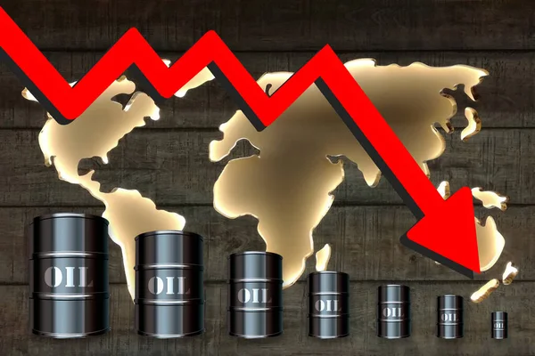 2020 world oil crisis, a drop in the price of a barrel of oil under the influence of the coronavirus. Down arrow on the background of the world map and oil barrels.