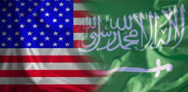 Karşılaşma, petrol üretimi konusunda iki ülke arasındaki işbirliği. Usa bayrağı ve Suudi Arabistan.