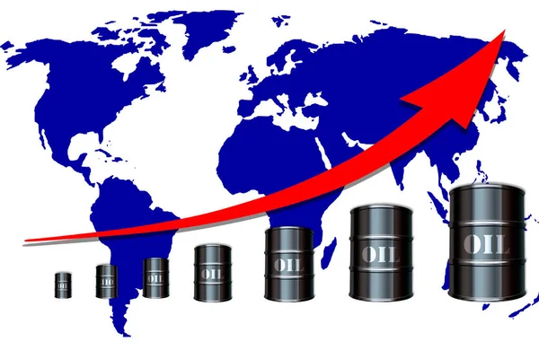 石油と石油の成長 石油バレルと世界地図上の成長グラフの背景 石油価格や生産量の増加の概念 — ストック写真