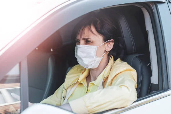 Young Woman Beauty Medical Mask Driving Car Town New Life — Stock Photo, Image