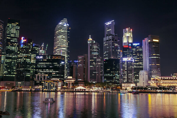 MARINA BAY, SINGAPORE September 4, 2019: Cityscape of the Singapore business building Singapore City, Night city landscape
